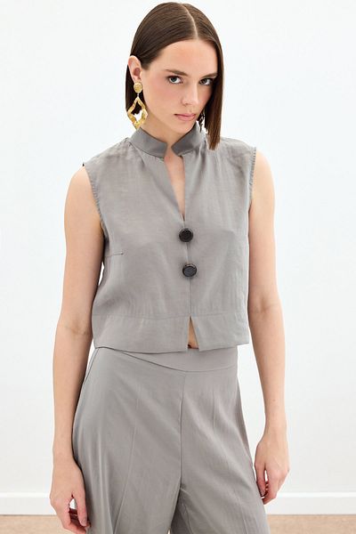 Sateen Blouse with Ornamental Button Detail - Khaki