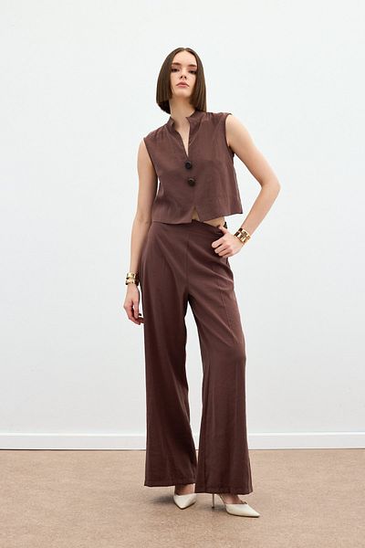 Sateen High Waist Linen Trousers - Brown