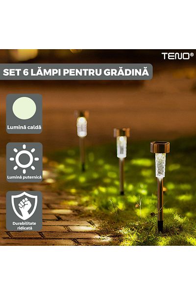 Teno Set 10 Lampi Solare pentru Gradina Teno®, tehnologie LED, tarus, material metal, lumina alb cald