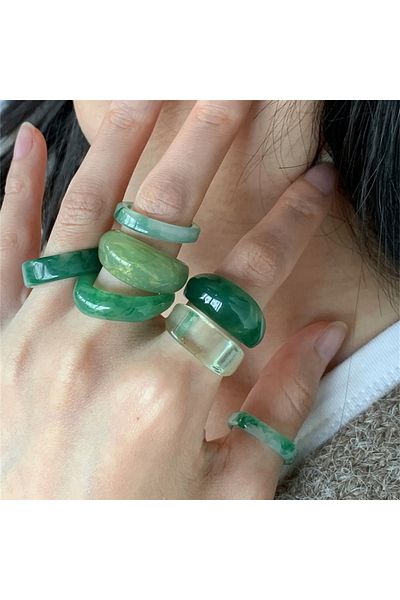 Choice 8-9 MULTI 7-piece minimalist retro style pine stone green wide face ring set for women with irregula