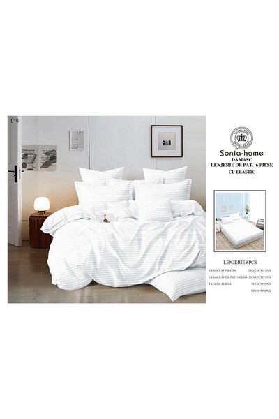 Sonia-home 6-piece satin cotton linen set with elastic – Sonia Home White Damask