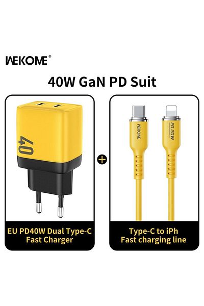 Choice Yellow EU charger PD Cable WEKOME GaN 40W/67W/100W Type C Charger Portable USB Charger Adapter QC4.0