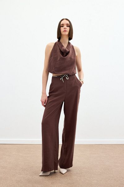 Sateen Knitted Belted Trousers - Brown