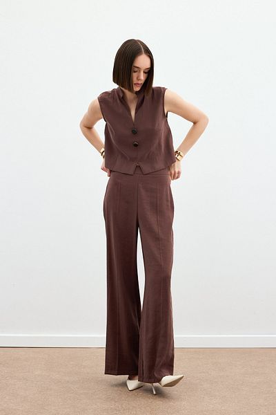Sateen High Waist Linen Trousers - Brown