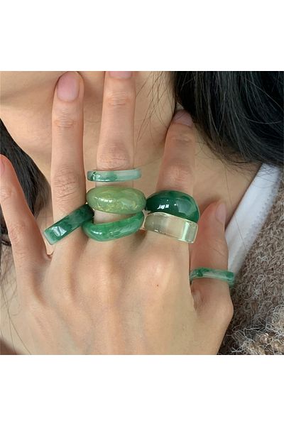 Choice 8-9 MULTI 7-piece minimalist retro style pine stone green wide face ring set for women with irregula