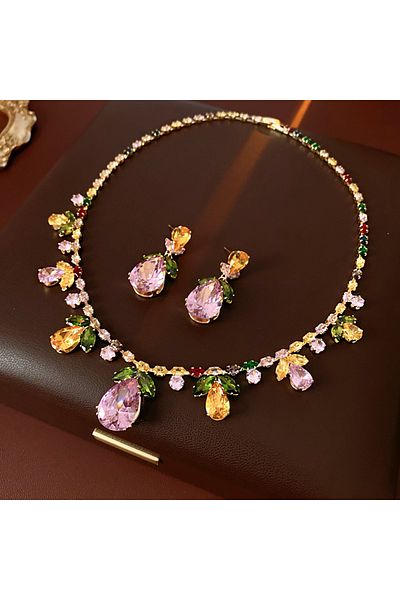 Choice HE23453-1 HN7749-1 Color Zircon Water Drop Leaf Necklace European and American High Fashion Evening