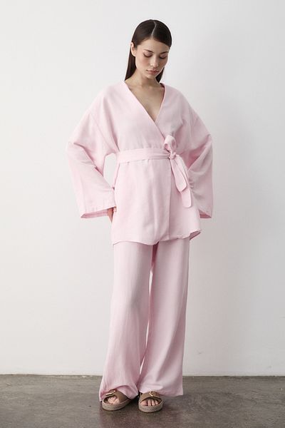 Laluvia Rosafarbenes Baumwoll-Kimono-Hosen-Set mit weitem Bein