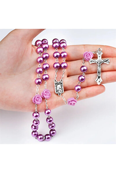 Choice 2 6MM قلادة مسبحة وردية للنساء سلسلة حبات زجاجية وردية صليب INRI قلادة...