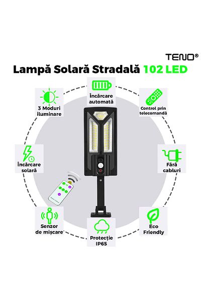Teno Solar Street Lamp 102 LEDs Teno®, IP65 protection, Waterproof, outdoor, black