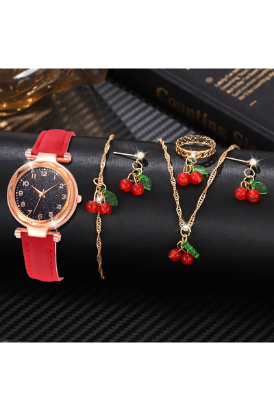 Choice مجموعة من 6 ساعات نسائية باللون الأحمر بعناصر بسيطة ومينا كوارتز وحزام...