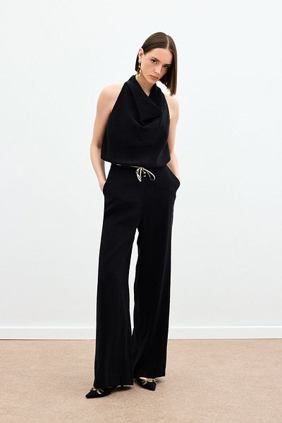 Sateen Knitted Belted Trousers - Black