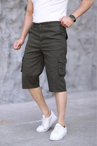 XORVİO Men's Khaki Slim Fit Capri Lycra Gabardine Bermuda with Side Pockets Below the Knee