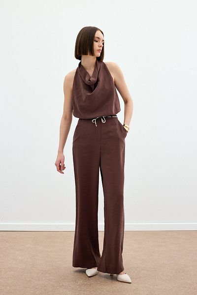 Sateen Knitted Belted Trousers - Brown
