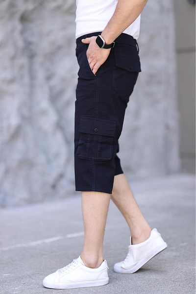 XORVİO Men's Slim Fit Capri Lycra Gabardine Knee Length Navy Blue Bermuda with Side Pockets