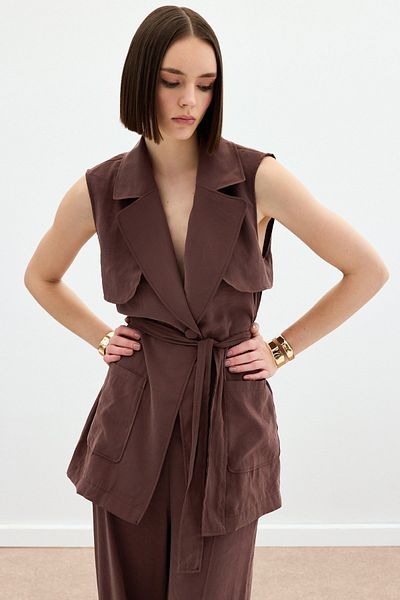 Sateen Belted Long Vest - Brown