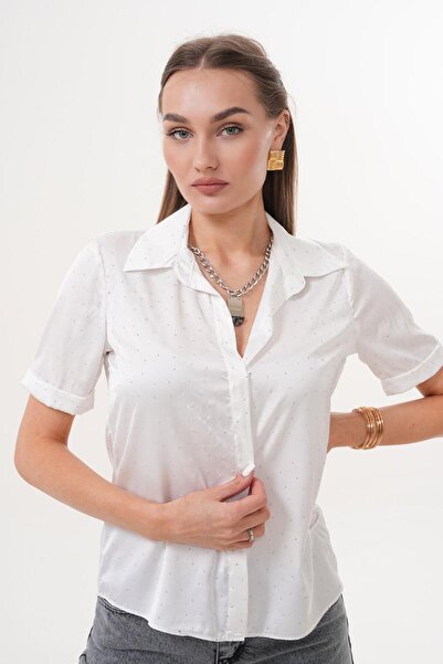 Flame İstanbul Butik Κοντό πουκάμισο με διπλό μανίκι από πέτρα σατέν λευκό ESY9930