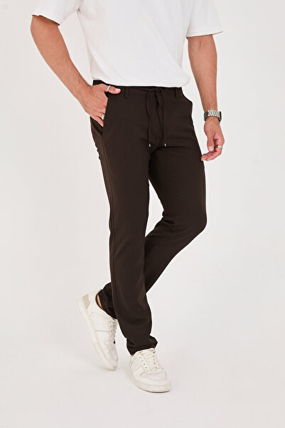 BROCARD Men's Jogger Slimfit Waist Half Elastic Brown Fabric Trousers