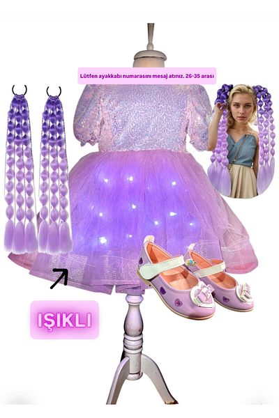 3b kids Sequined Purple Light up Dress Costume+Purple Bubble Hair+Purple Ballerina Set Kuromi Princess Wedding Party