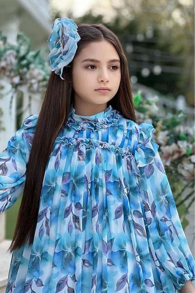 Riccotarz Girls' Blue Dress with Ruffle Detail on Collar and Shoulders and Floral Embroidered Pleats