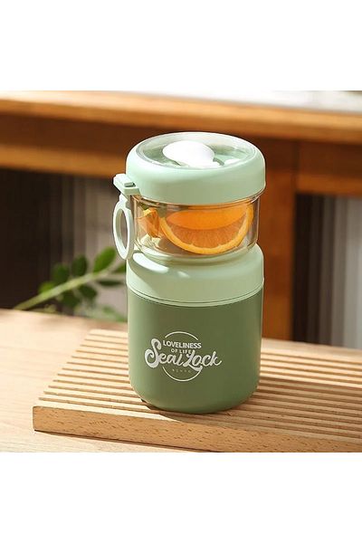 Choice 2 Green Double Layer Salad Cup Oatmeal Soup Cups with Spoon Stainless Steel Porridge Bowl Portable O