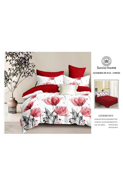 Sonia-home 6-piece satin cotton bedding set – Sonia Home Damask Red Tulips with Delicate Accents