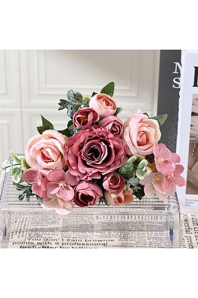 Choice Bean Paste 7 Heads Artificial Peony Flowers Silk Rose Hydrangea Bride Bouquet Home Room Table Decora