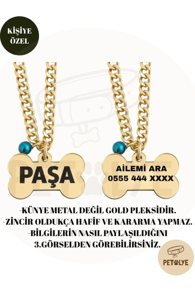 Petölye İsimli Köpek Tasması Köpek Isimlik Gold Pleksi Künye, Paslanmaz Metal Zincir Tasma
