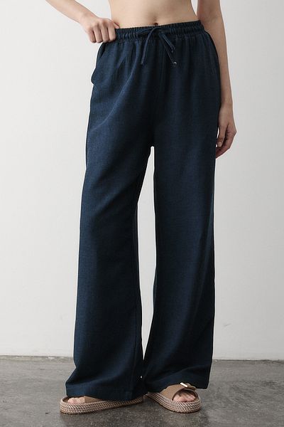 Laluvia Navy Blue Elastic Waist Wide Leg Trousers