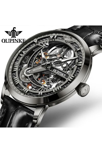 Choice All Grey OUPINKE 3173 Original Leather Strap Automatic Hollow Mechanical Wristwatch for Men Chronogr