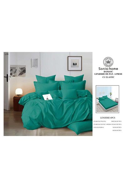 Sonia-home 6-piece satin cotton linen with elastic sheet – Sonia Home Damasc Green Livada