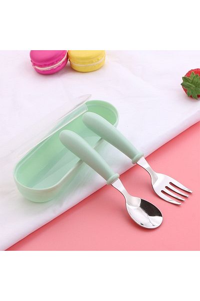 Choice green 3pcs Children Spoon Forks Box Kids Stainless Steel Kids Cutlery Portable Baby Feeding Utensils