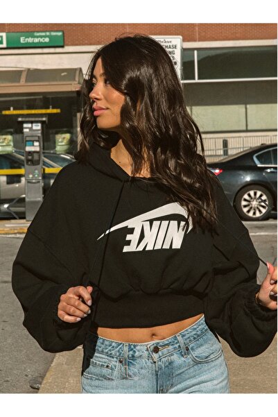 Nike Sportswear Oversized Cropped French Terry Pullover Hoodie Siyah Kadın Sw...