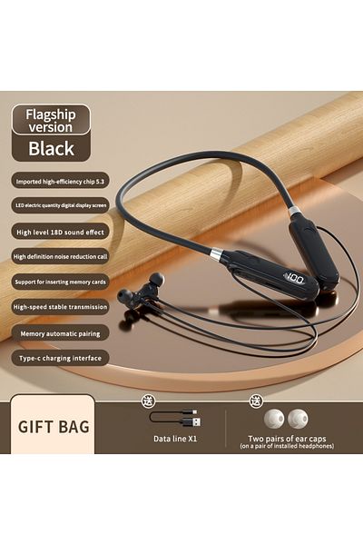 Choice black BT-12 Wireless Bluetooth Earphones Sports Headphones Card Insertion Digital Display Noise Canc