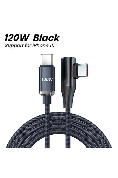 Choice 1.5m Black C-C 90 Degree Elbow USB C Cable PD 120W Fast Charging Type C Cable For iPhone 15 Pro Max