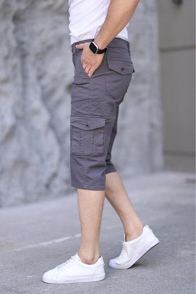 XORVİO Men's Gray Slim Fit Capri Lycra Gabardine Bermuda with Side Pockets Below the Knee