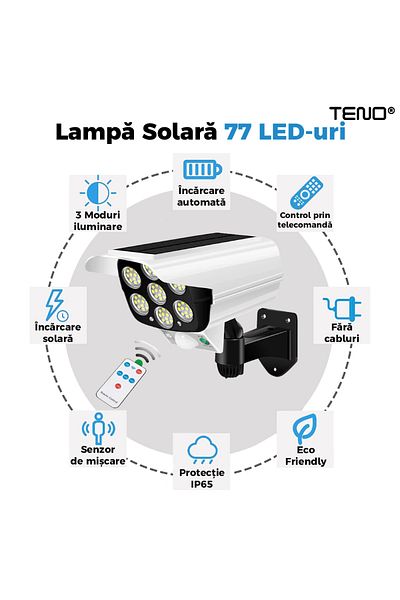 Teno Lampa Solara 77 LED-uri Teno®, tip camera, IP65, telecomanda, alb