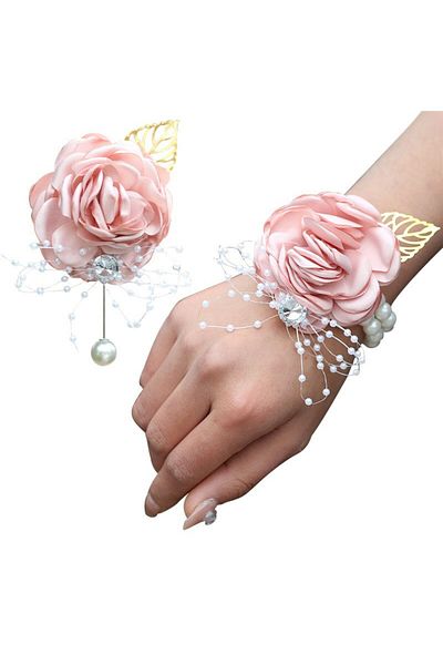Choice Pink 2pcs set Wedding Wrist Corsage Boutonniere Set for Bride Bridesmaid Man Groom Pink Rose Wedding