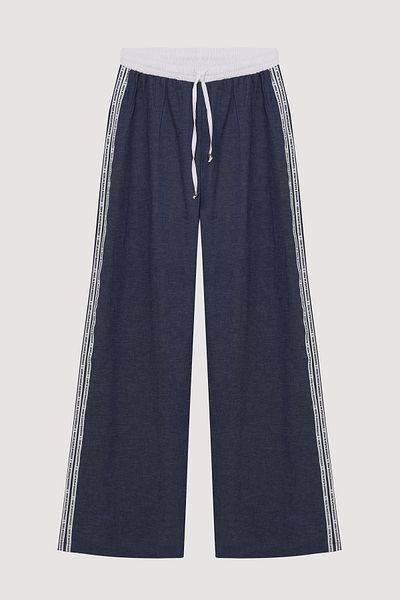 Quzu Side Stripe Written Denim Look Trousers Indigo