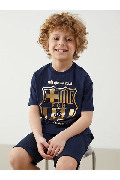 LC Waikiki Navy Blue Crew Neck Barcelona Printed Boy's T-Shirt