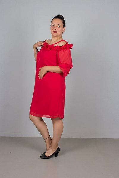 Truva XXL Rose Detail Neckline Red Chiffon Dress - Plus Size Elegant and Flighty Chic!