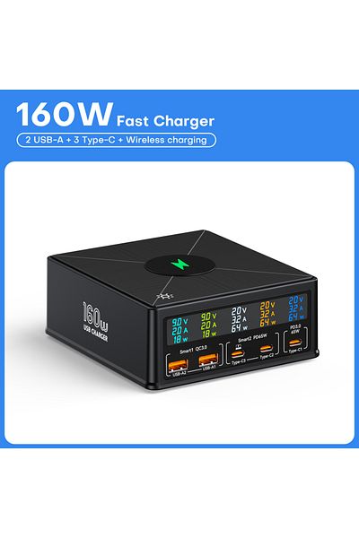 Choice AU Plug no cable 160W 5 Ports USB Charger Staion 15W Wireless Charging PD 65W QC3.0 Type C Fast Char