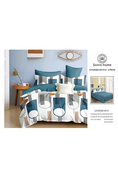 Sonia-home 6-piece satin cotton bedding set – Sonia Home Damask White & Royal Blue Abstract