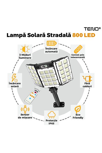 Teno Lampa Solara Stradala 800 LED-uri Teno®, 3 capete, protectie IP67, Waterproof, exterior, negru