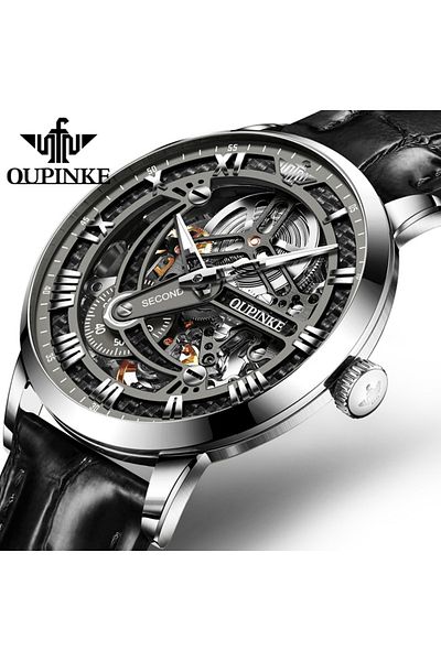 Choice Silver Grey OUPINKE 3173 Original Leather Strap Automatic Hollow Mechanical Wristwatch for Men Chron