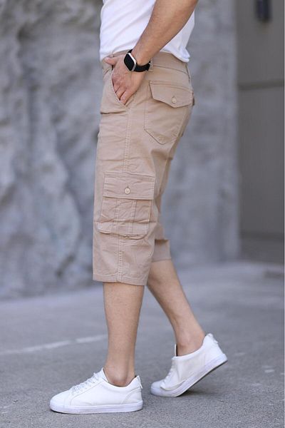 XORVİO Men's Cream Slim Fit Capri Lycra Gabardine Bermuda with Side Pockets Below the Knee