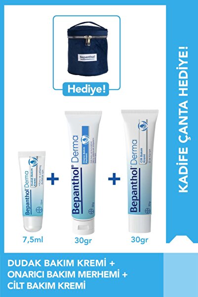Bepanthol Cilt Bakım Kremi 30g + Onarıcı Merhem 30g + Dudak Kremi 7.5ml + Kadife Çanta