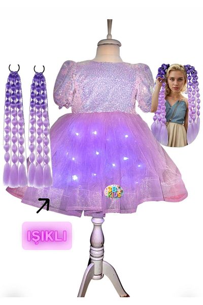3b kids Sequined Purple Light up Dress Costume+Purple Bubble Hair Set Kuromi Princess Wedding Feast Party Birthday