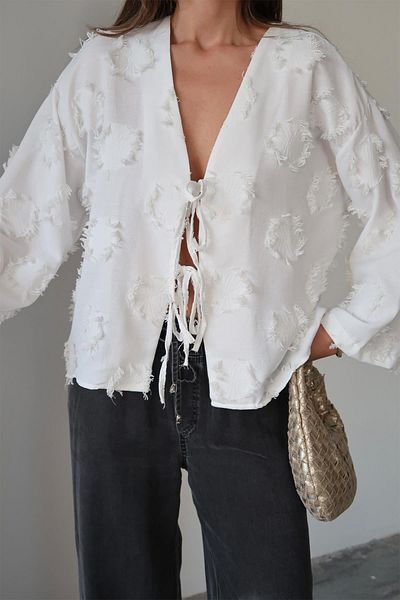 Olcay Lace Closure Tassel Patterned Shirt White 9360