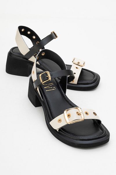 LuviShoes Sandale cu toc gros pentru femei RABEL din piele naturală neagră-bej
