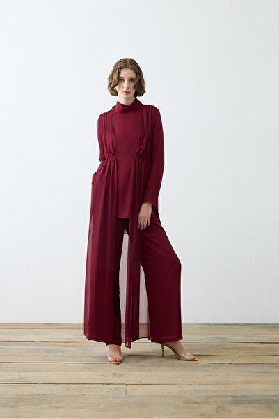 TERZİ DÜKKANI Helen Textured Chiffon Pants Suit Bordo